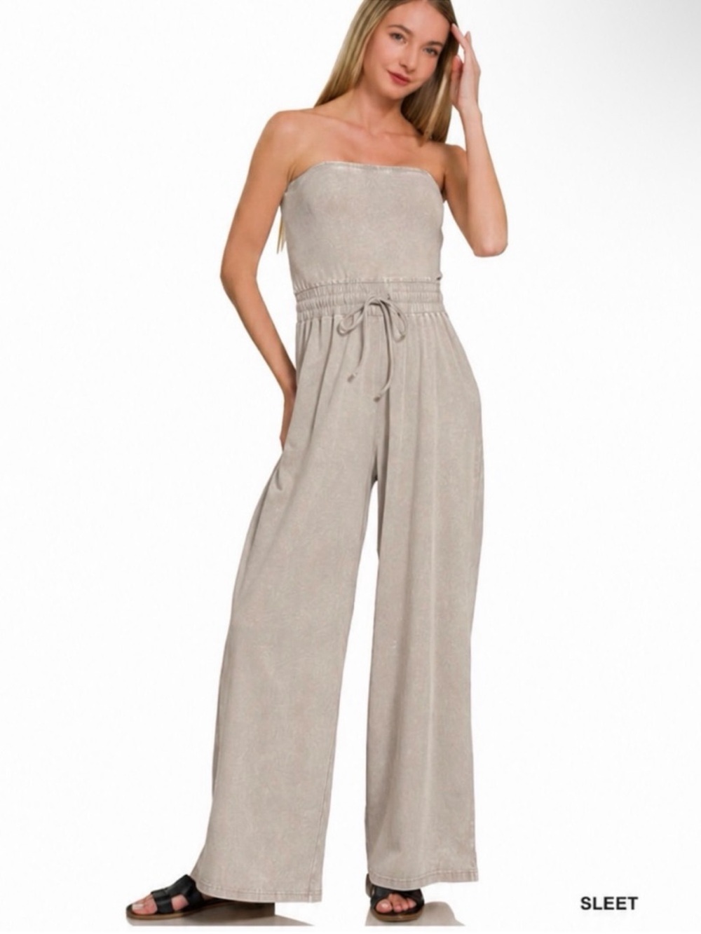 NEW Zenana Strapless Washed Wide Leg Jumpsuit Sleet Gray Large